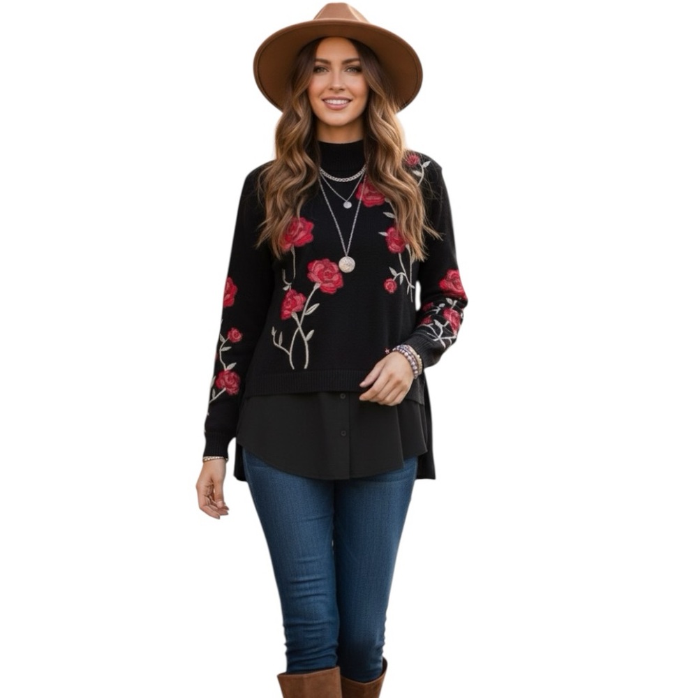 Style &Co Embroidered Flowers Mock Neck Sweater Shirt Layered Cotton Blend Top L